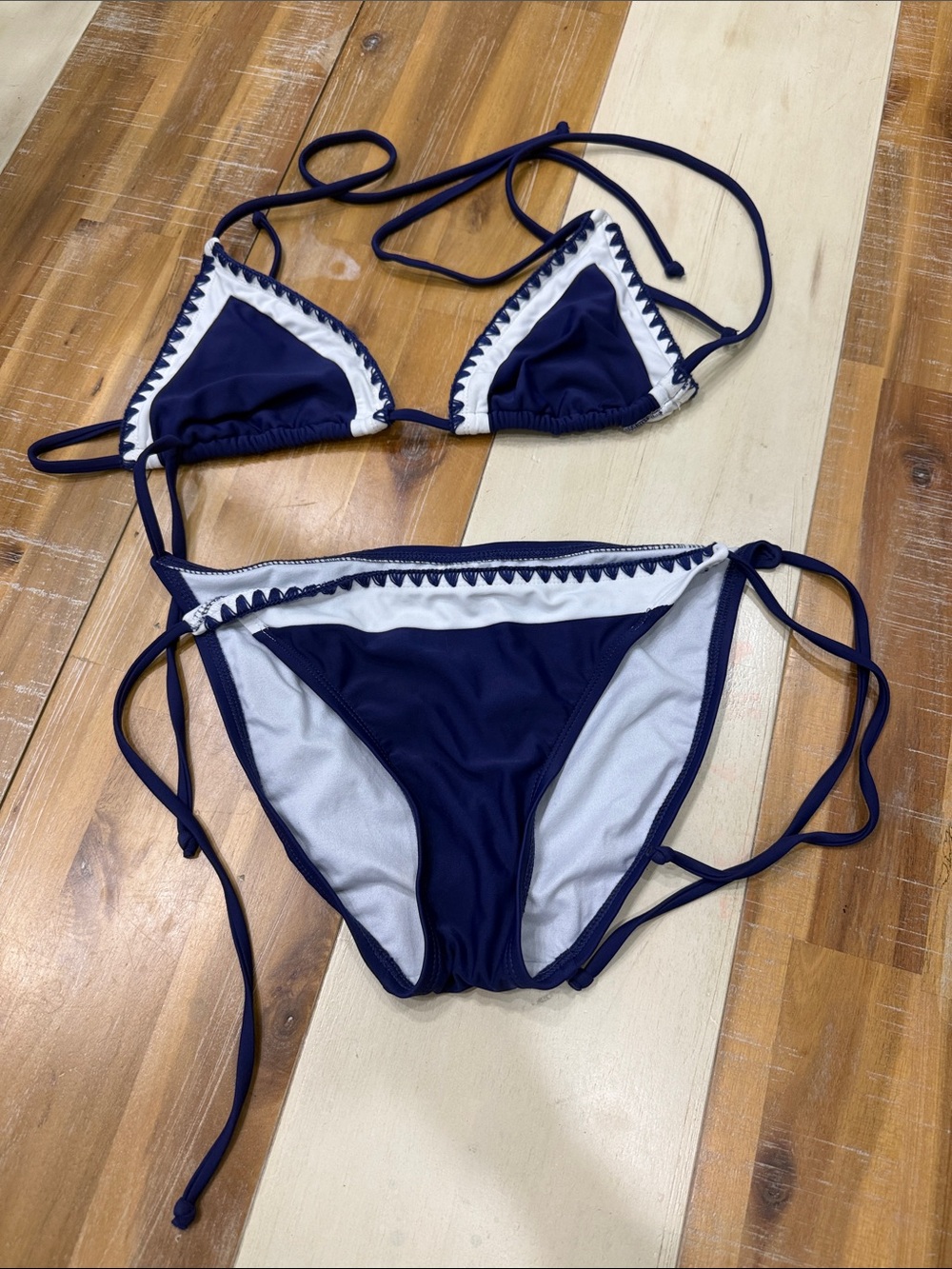 Navy and White Tie-Side Triangle Bikini Set